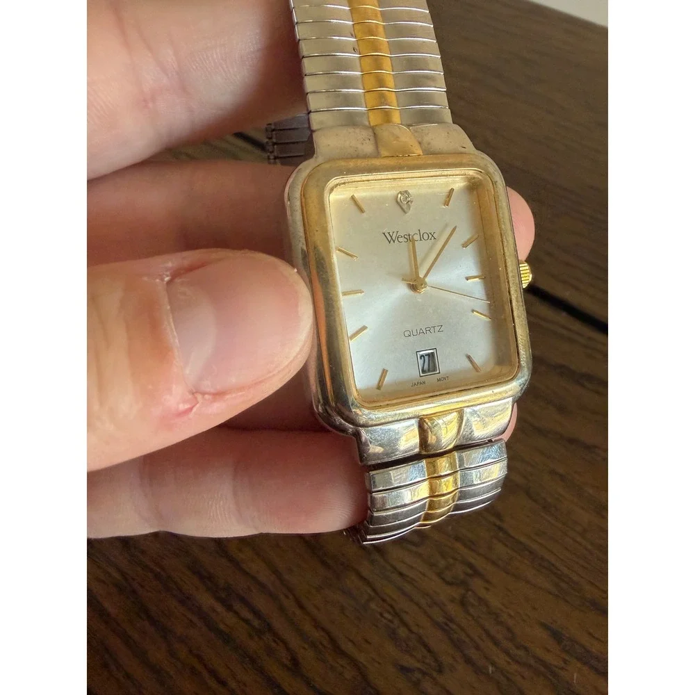 Westclox Watch Silver Gold Silver Date Rectangle LTX217 Two Tone Quartz